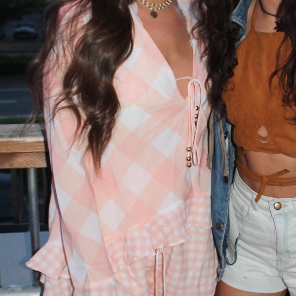 Sabo Luxe peach & white long sleeve romper with open back